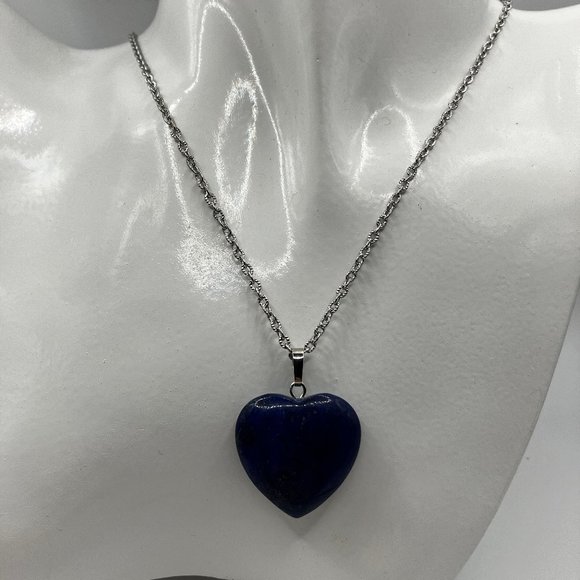 Genuine Lapis Lazuli Gemstone HEART Pendant 18 inch Stainless Steel Chain - Picture 9 of 16